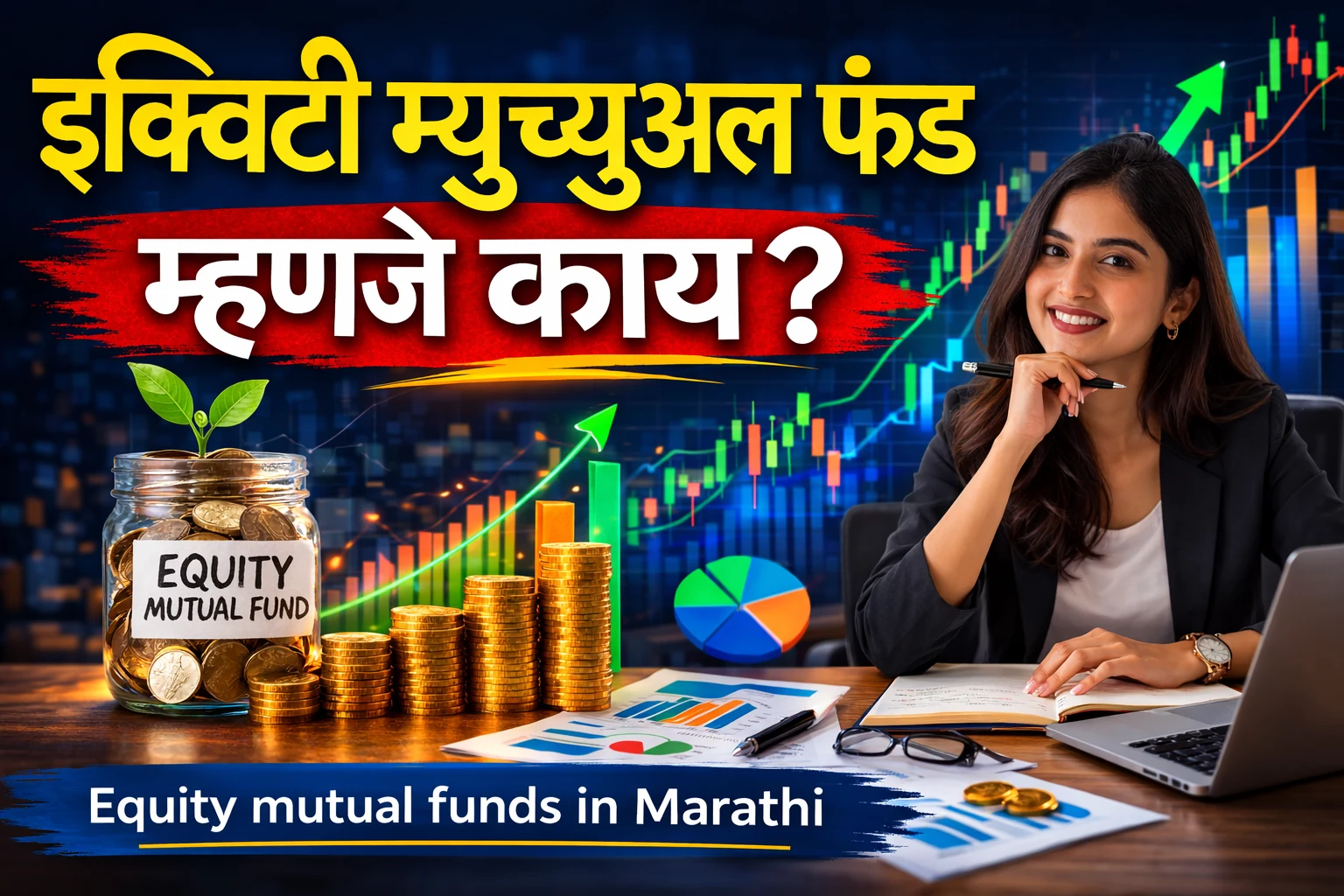 Equity mutual funds in Marathi दर्शवणारा thumbnail ज्यामध्ये महिला गुंतवणूक विश्लेषण करताना दिसते, बाजूला इक्विटी म्युच्युअल फंड जार, वाढता स्टॉक मार्केट ग्राफ आणि नाण्यांचे स्टॅक्स दाखवले आहेत.