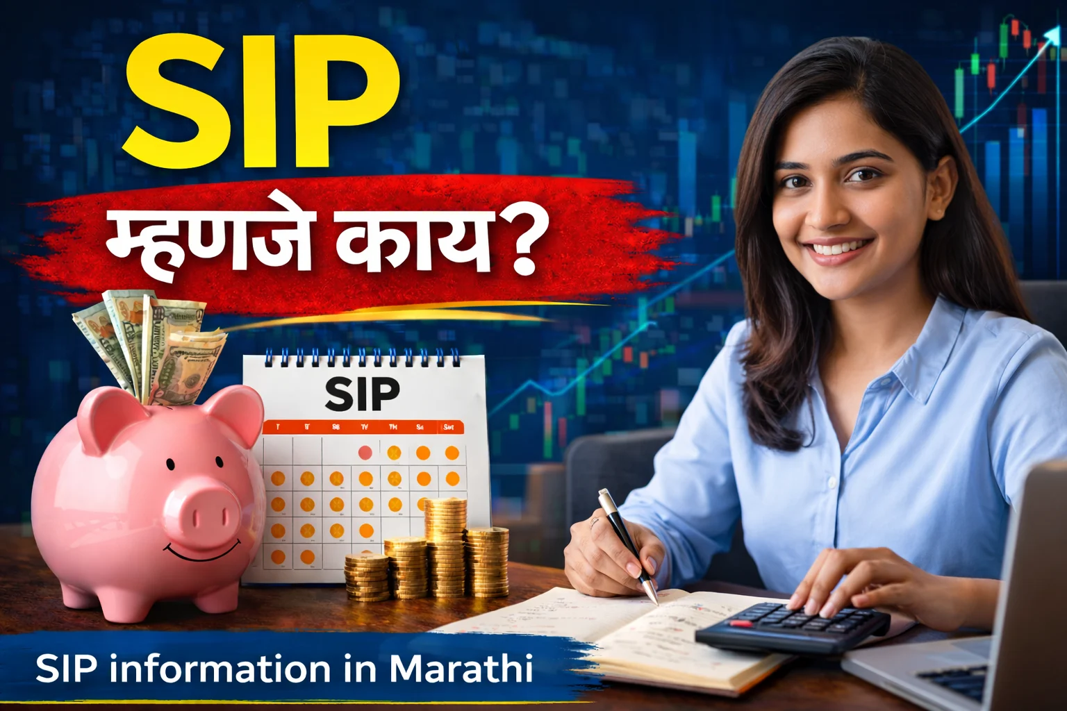 SIP information in Marathi – SIP म्हणजे काय याची माहिती देणारा thumbnail, महिला गुंतवणूक नियोजन करताना, पिगी बँक आणि वाढता चार्ट.