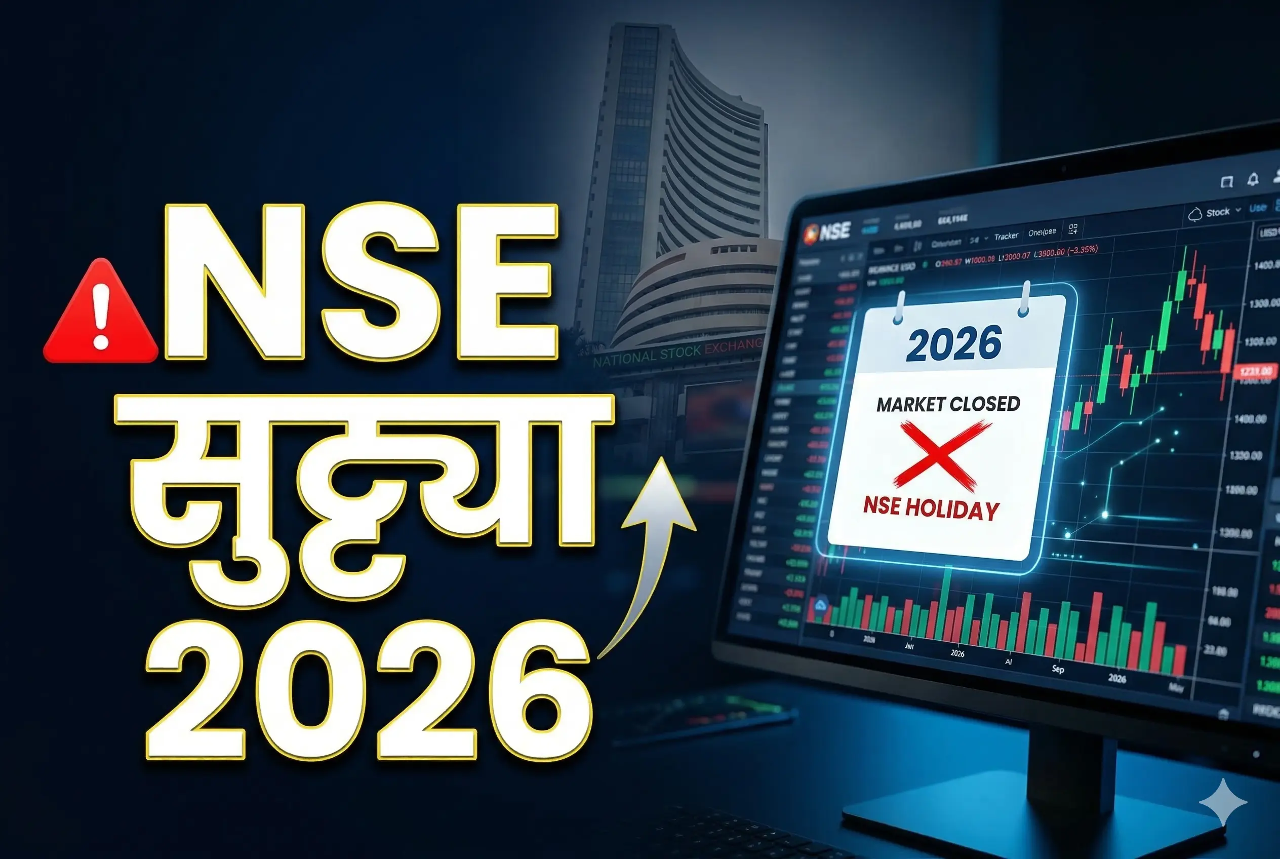 Finance thumbnail with bold Marathi text 'NSE सुट्ट्या 2026 (NSE Holidays 2026)' next to a stock trading monitor and a calendar marked 'Market Closed' with a red X.